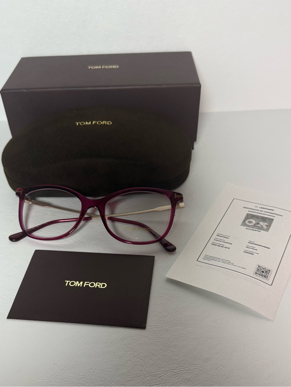 Tom Ford Women's Plum Frame Optical Frame Glasses Certificate of Authenticity